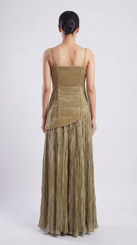 Olive green designer sharara set with sequin embroidery, stone embellishments and crystal tassel details
