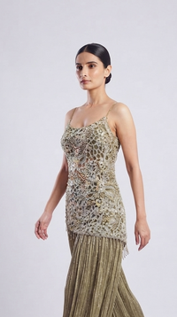 Olive green embroidered sharara set with intricate cutwork, sequin, stone and crystal tassel detailing