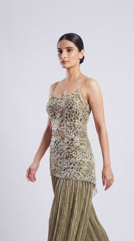 Olive green embroidered sharara set with intricate cutwork, sequin, stone and crystal tassel detailing