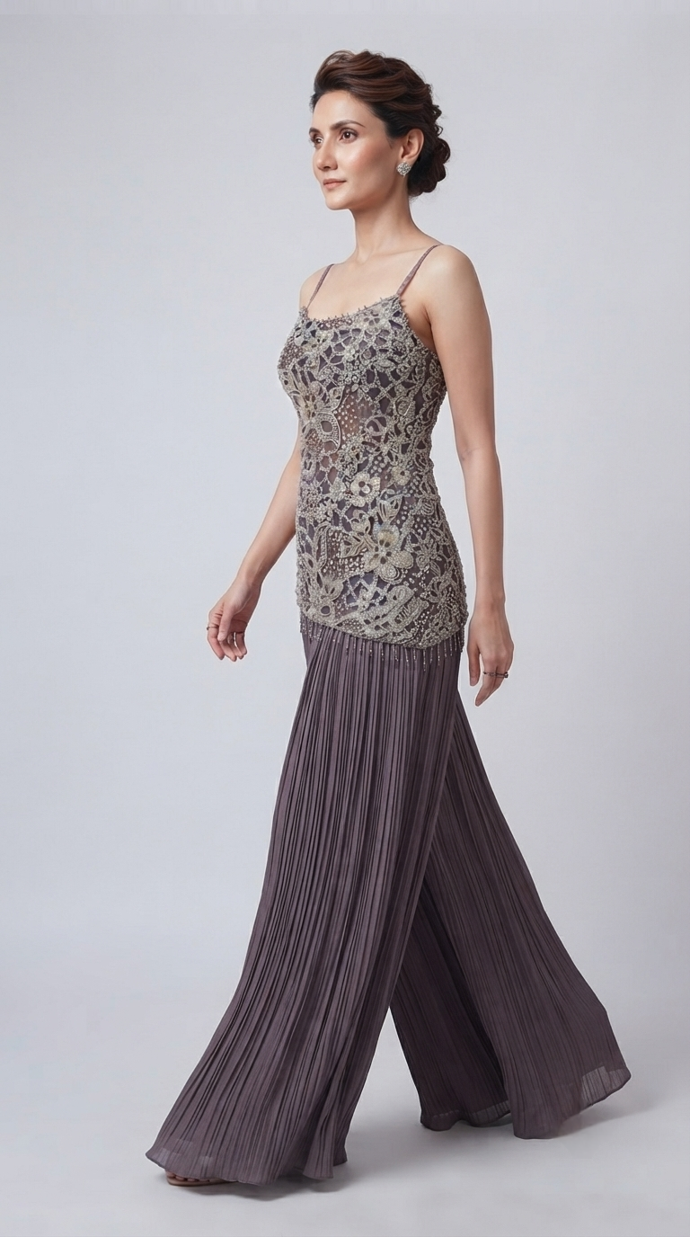 Lilac cutwork sharara set with heavily embroidered blouse and elegant tissue fabric detailing