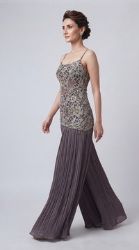 Lilac cutwork sharara set with heavily embroidered blouse and elegant tissue fabric detailing