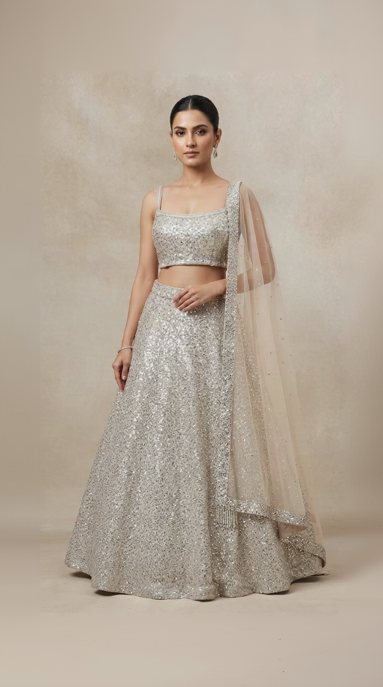 Ivory sequins embroidered lehenga choli set for sangeet and wedding celebrations