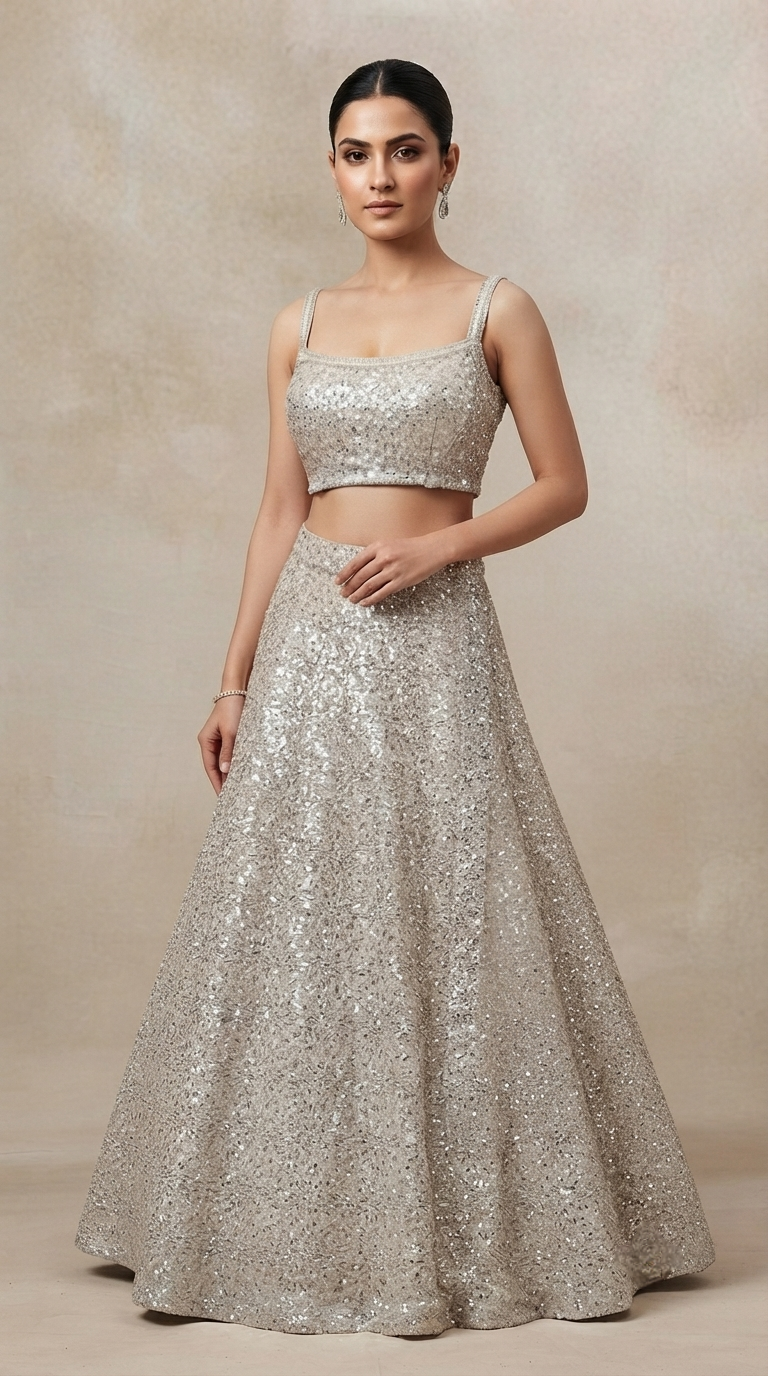 Ivory designer lehenga choli set with mirror, zari and beadwork for reception