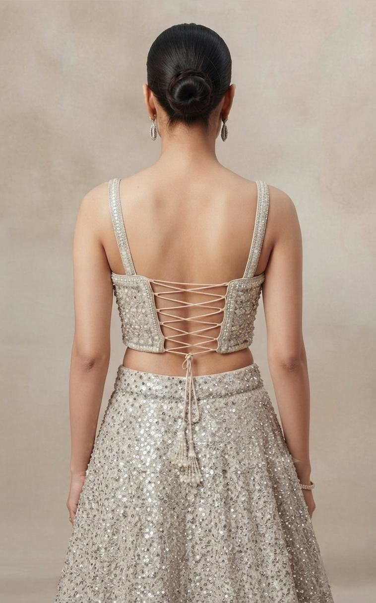 Ivory sequins lehenga set with embroidered blouse and dupatta for cocktail party