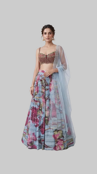 Multicolored blue printed crepe lehenga with embroidered blouse for mehendi and haldi