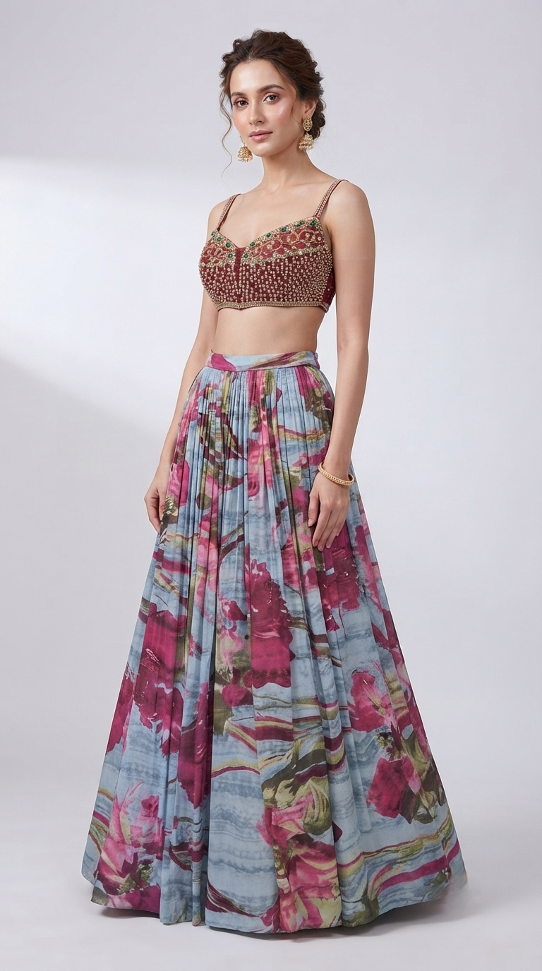 Multicolored blue lehenga choli with gems, beads and cutdana embroidery for carnival