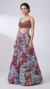 Multicolored blue lehenga choli with gems, beads and cutdana embroidery for carnival