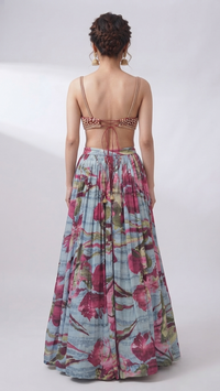 Designer blue printed lehenga with embroidered blouse and dupatta for destination wedding and bridesmaid