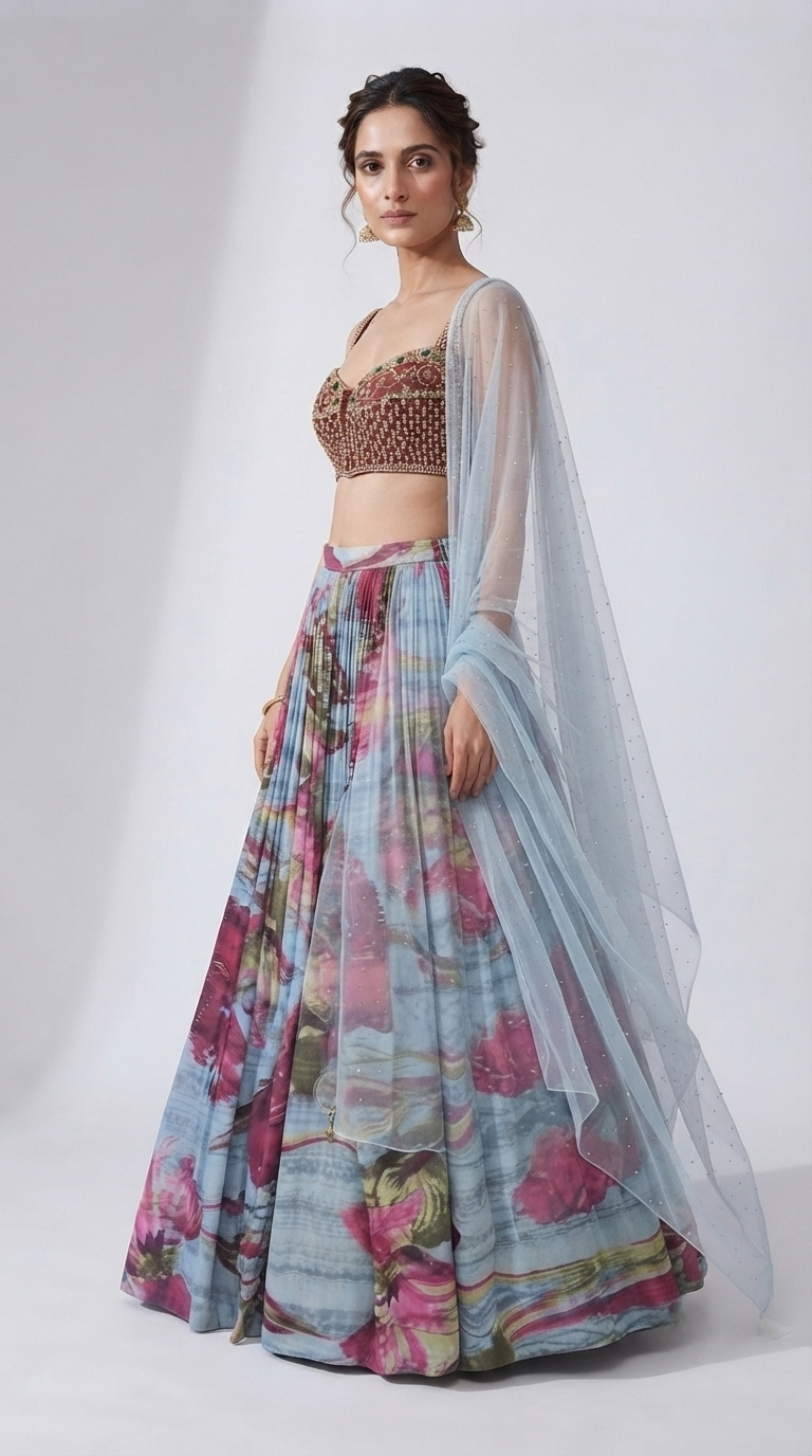 Blue printed designer lehenga set with embellished blouse for bridesmaid and wedding celebrations