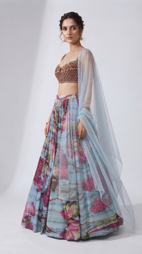 Blue printed designer lehenga set with embellished blouse for bridesmaid and wedding celebrations