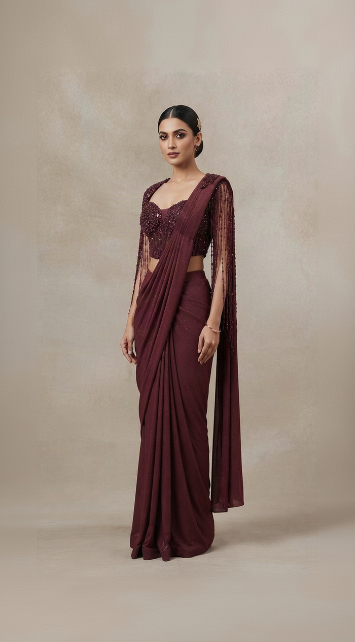 Wine crystal embroidered corset ready-to-wear saree with cutdana work for wedding and reception occasions