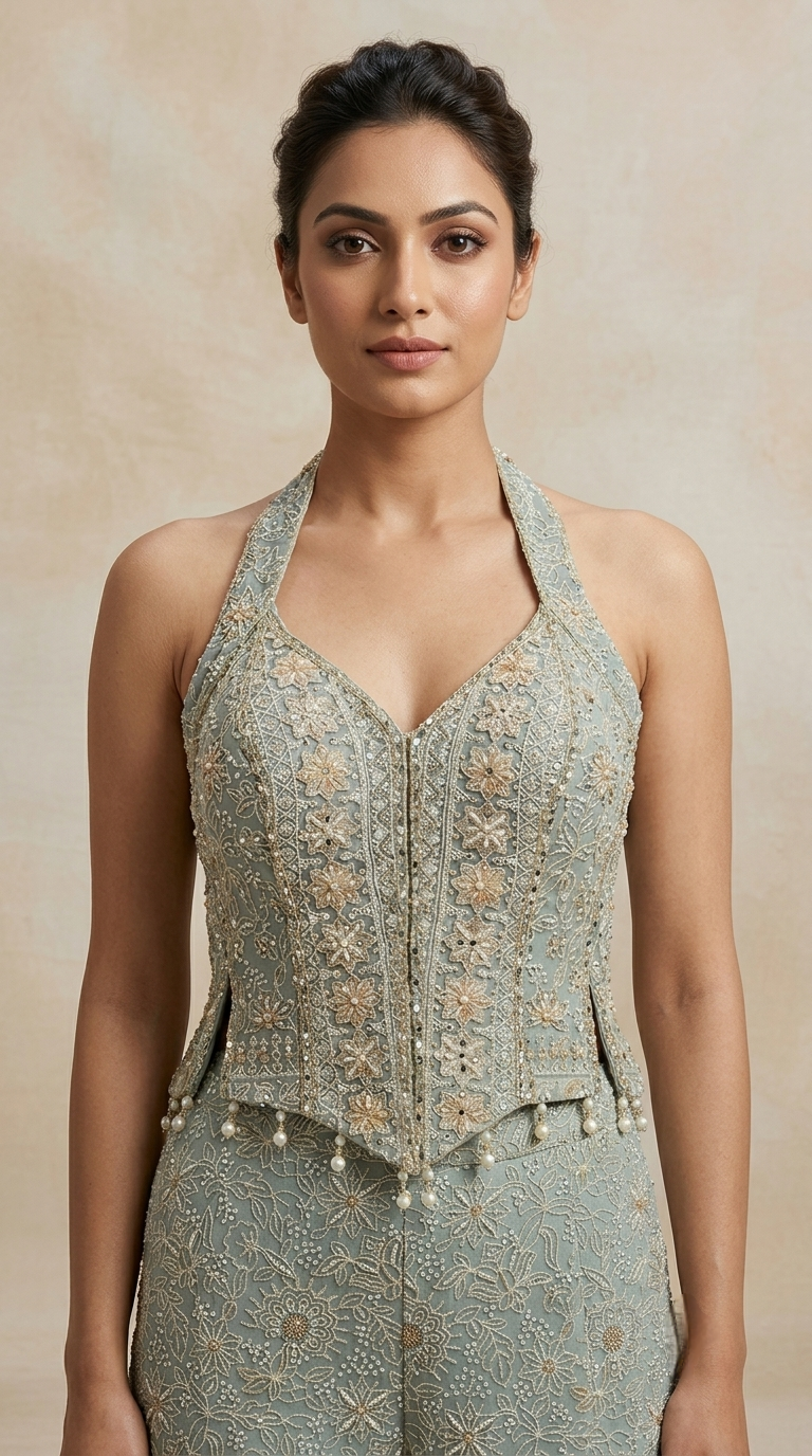 Elegant blue Lucknowi corset sharara set with intricate embroidery, mirror and beadwork for festive and party wear