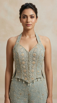 Elegant blue Lucknowi corset sharara set with intricate embroidery, mirror and beadwork for festive and party wear