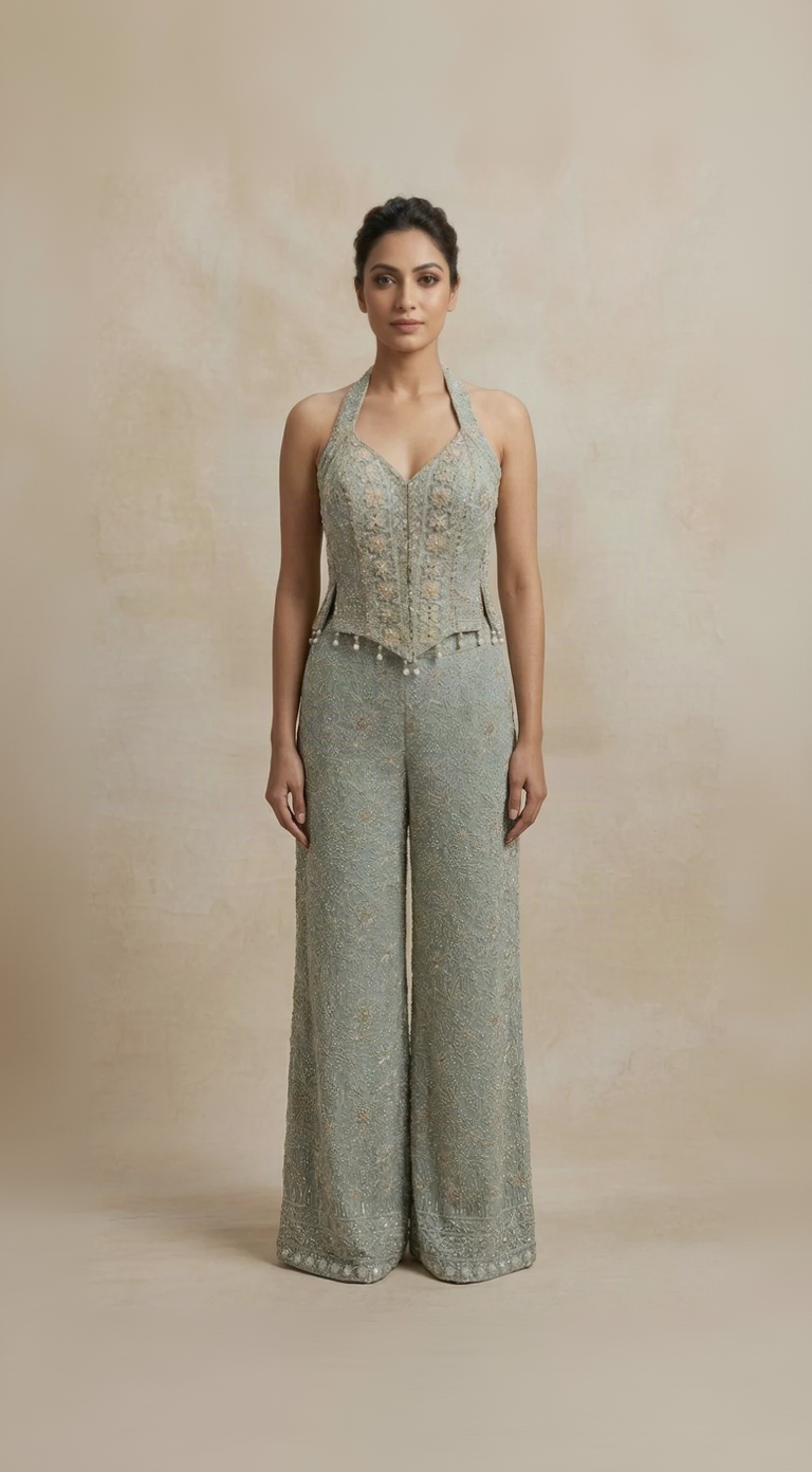 Blue Lucknowi embroidered corset sharara set with mirror and Zardosi work for wedding and festive occasions