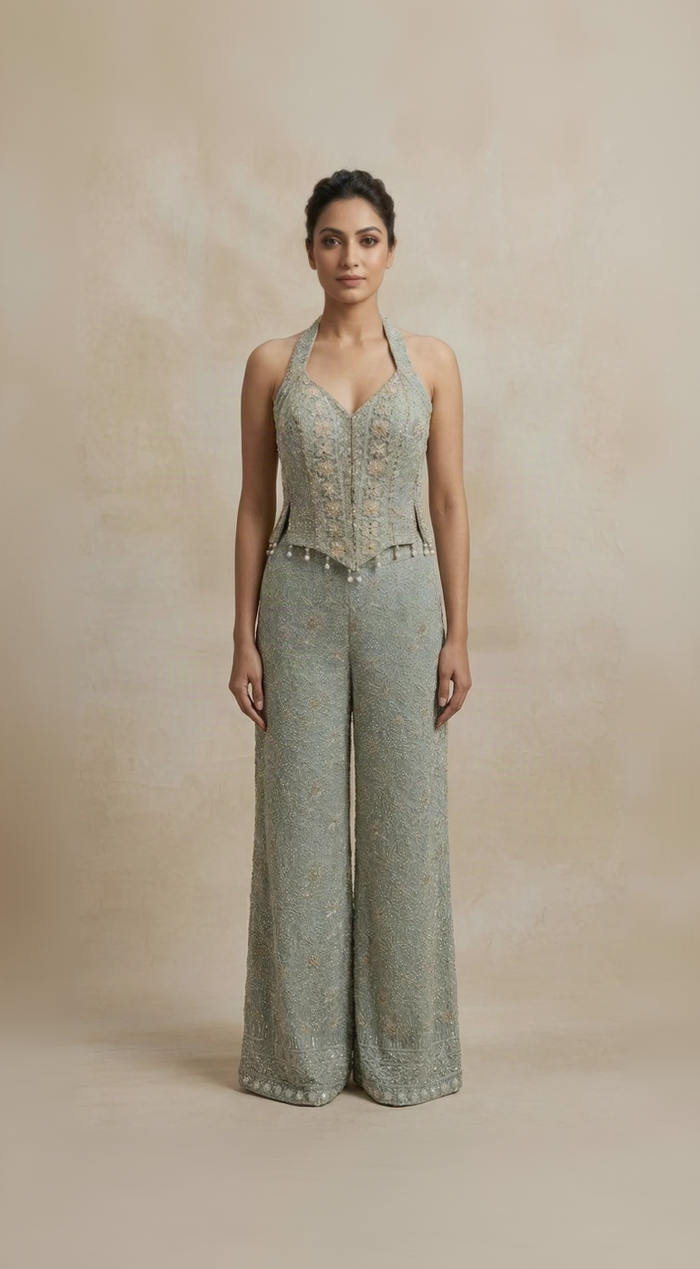 Blue Lucknowi embroidered corset sharara set with mirror and Zardosi work for wedding and festive occasions