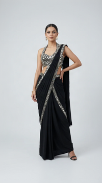 Black halter neck mirror embroidered pre-draped saree in silk for wedding, reception and festive occasions