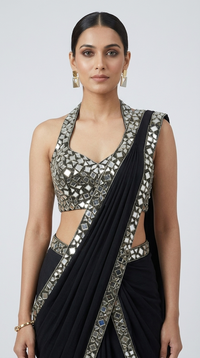 Elegant black silk pre-draped saree with mirror embroidery for wedding receptions, parties and festive wear