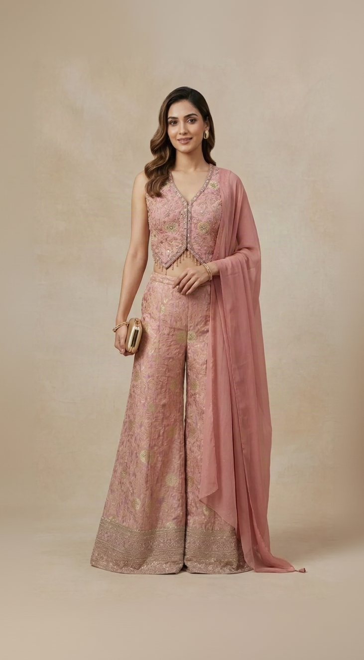 PINK TISSUE SILK BANARASI INDOWESTERN SHARARA SET