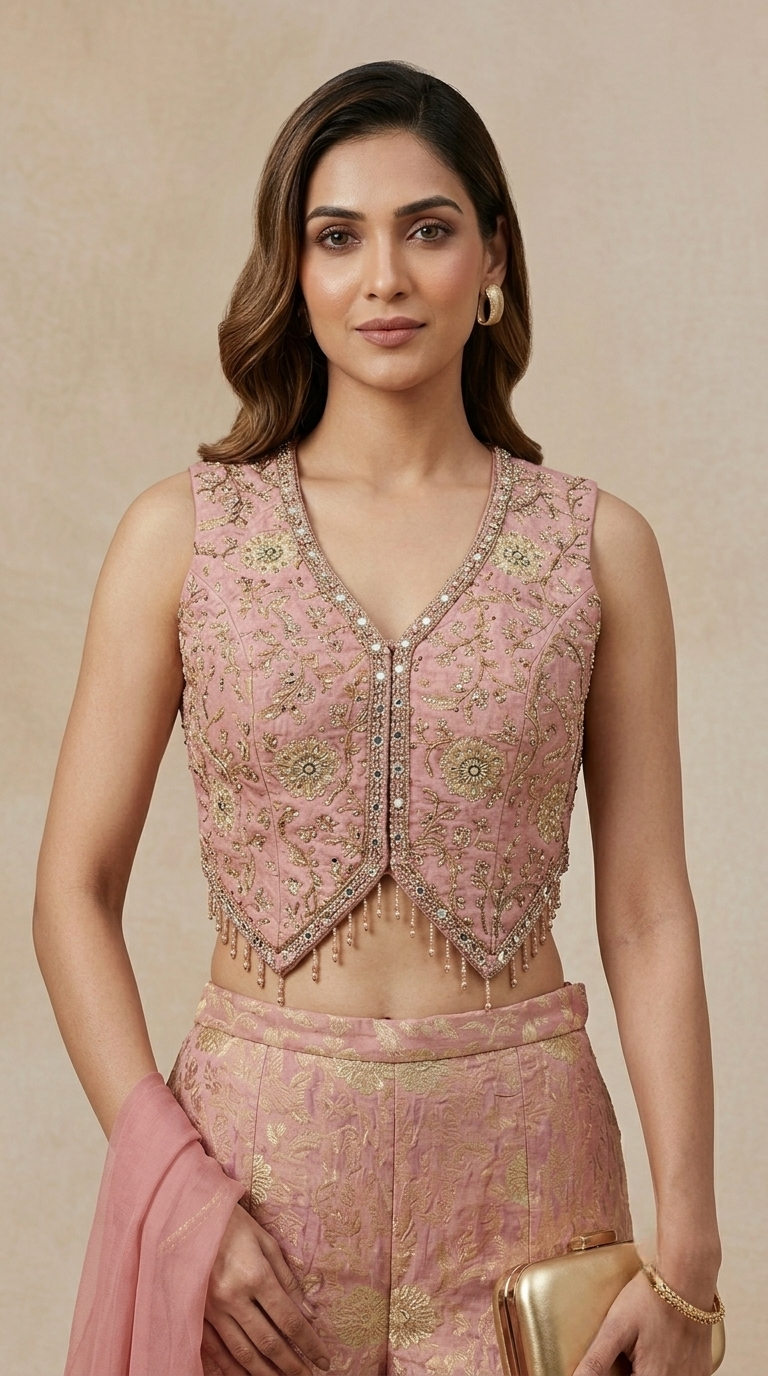 PINK TISSUE SILK BANARASI INDOWESTERN SHARARA SET