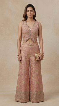 PINK TISSUE SILK BANARASI INDOWESTERN SHARARA SET