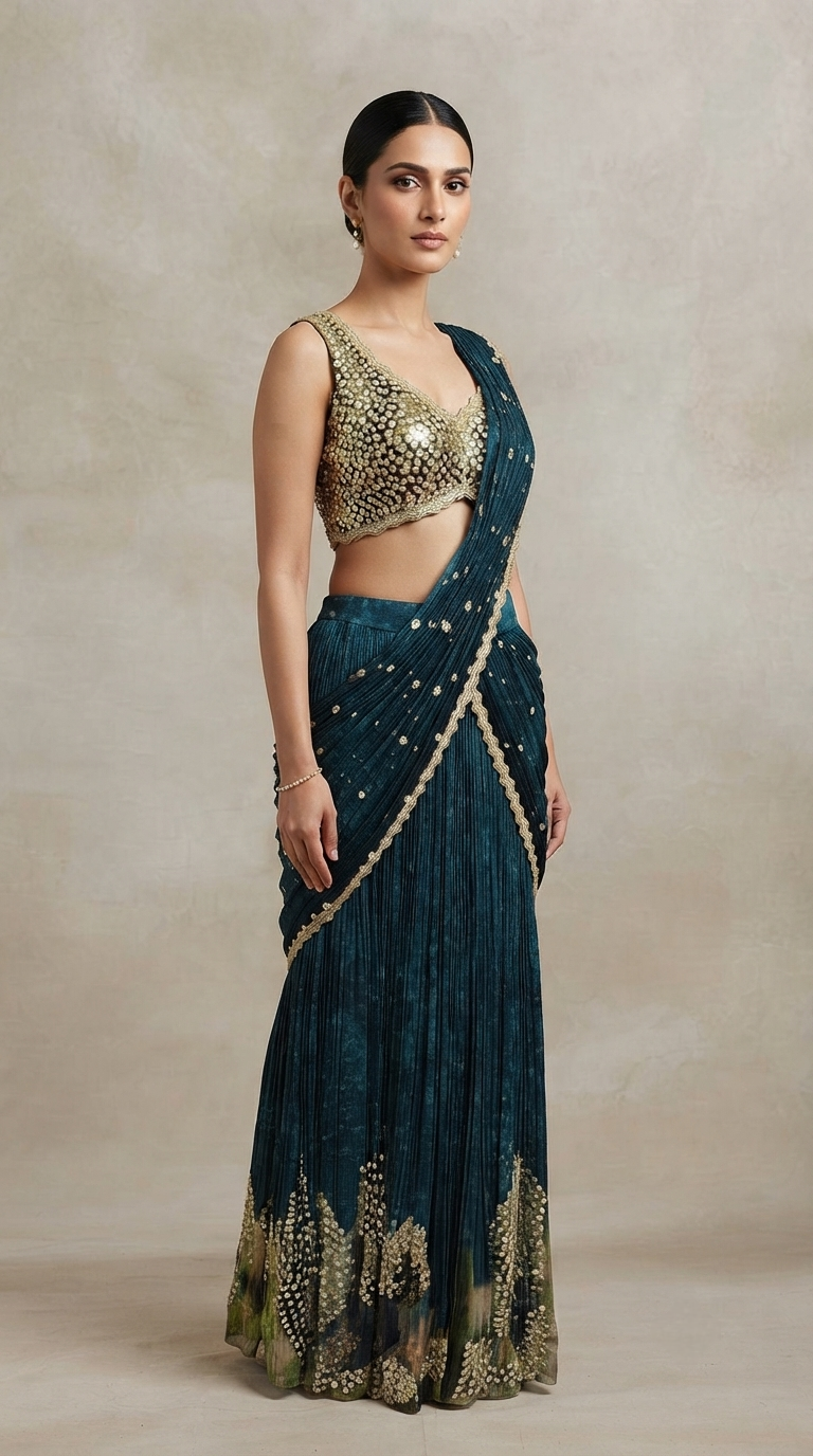 Teal blue printed Chinon pre-draped saree with embellished blouse, detailed embroidery and elegant drape, ideal for receptions and festive celebrations
