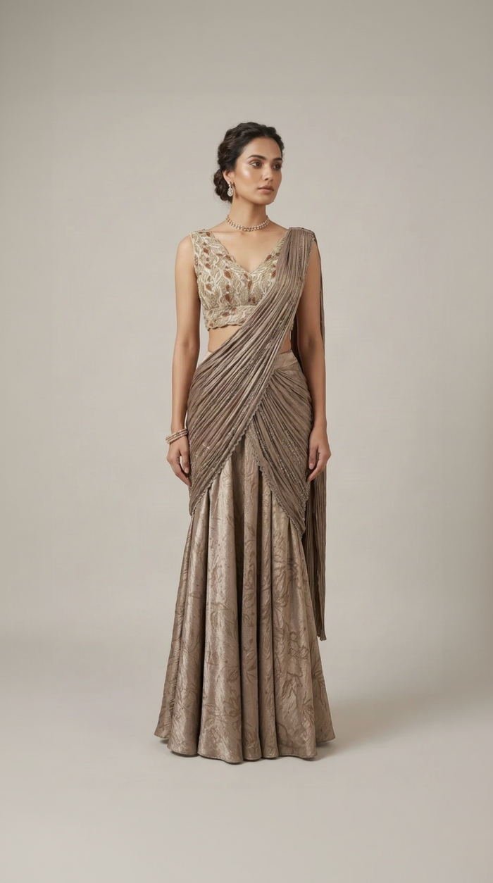 Dusty brown satin pre-draped saree with hand embroidered blouse, perfect for weddings, festive events and parties