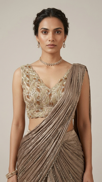 Close-up of dusty brown pre-draped saree with hand embroidered blouse featuring sequins, beads and cutdana work for festive events