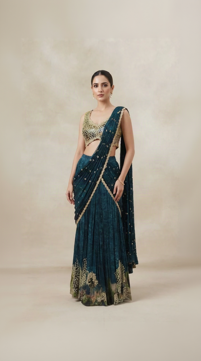 Teal blue Chinon printed pre-draped saree with hand embellished blouse, cutdana, sequins and beads, perfect for weddings and festive events