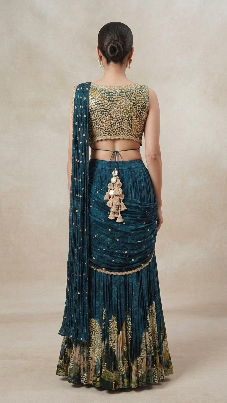 Teal blue Chinon pre-draped saree with hand embellished blouse and detailed border, perfect for weddings, parties, receptions and evening events