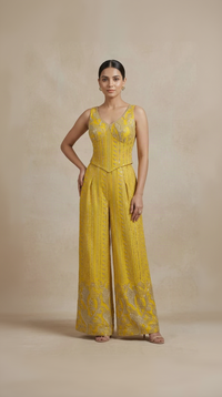 YELLOW EMBROIDERED CORSET SHARARA SET FOR HALDI