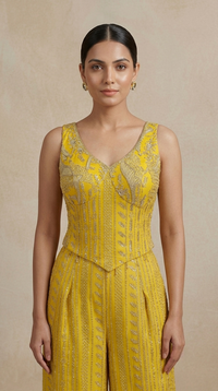 YELLOW EMBROIDERED CORSET SHARARA SET FOR HALDI
