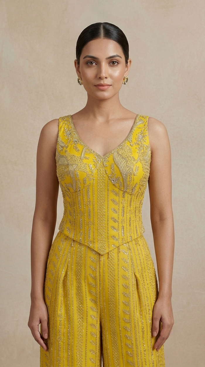 YELLOW EMBROIDERED CORSET SHARARA SET FOR HALDI