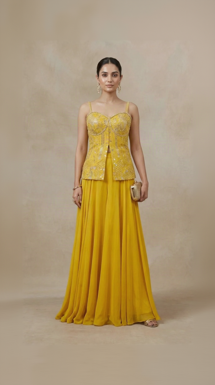 YELLOW EMBROIDERED INDOWESTERN SHARARA SET FOR HALDI