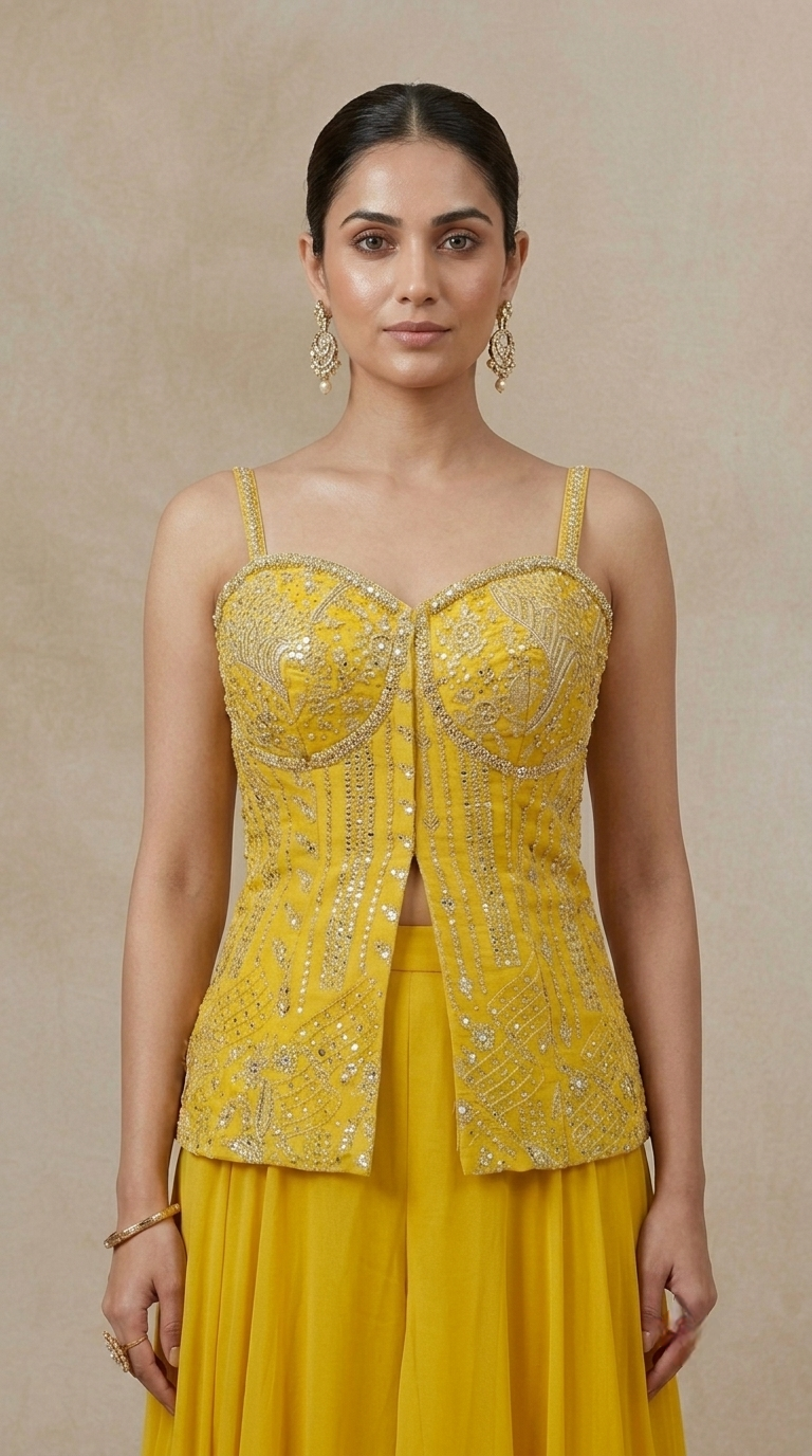 YELLOW EMBROIDERED INDOWESTERN SHARARA SET FOR HALDI