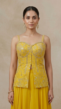 YELLOW EMBROIDERED INDOWESTERN SHARARA SET FOR HALDI