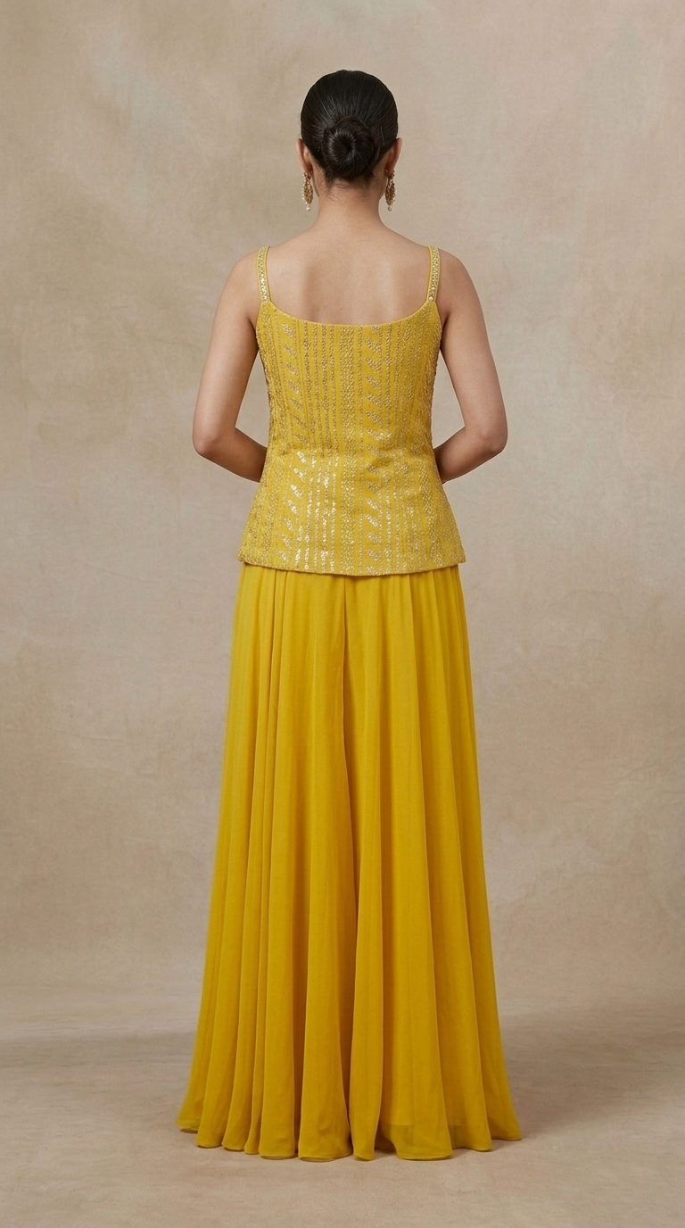 YELLOW EMBROIDERED INDOWESTERN SHARARA SET FOR HALDI