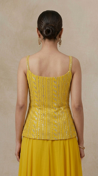 YELLOW EMBROIDERED INDOWESTERN SHARARA SET FOR HALDI