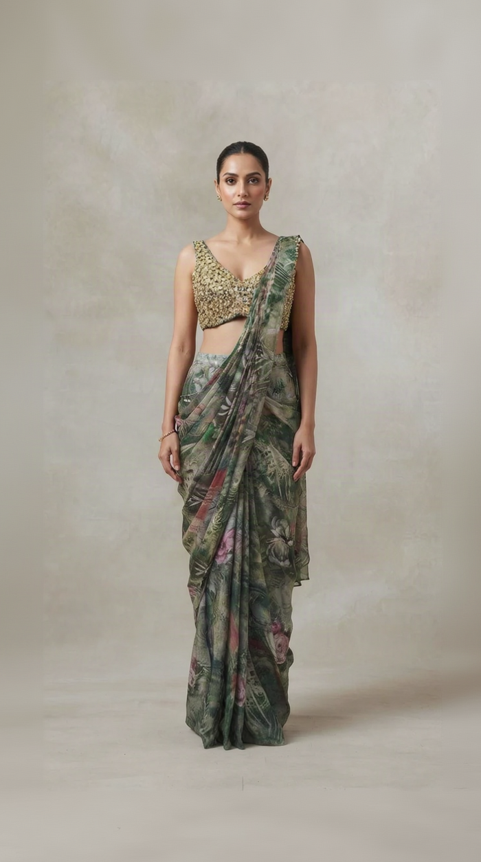 Mehendi green floral printed crepe pre-draped saree set with embellished blouse