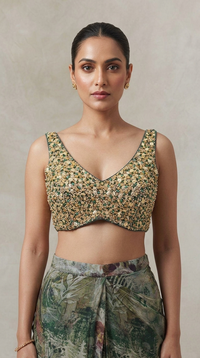 Mehendi green crepe pre-draped saree set with gems and bead embellishments
