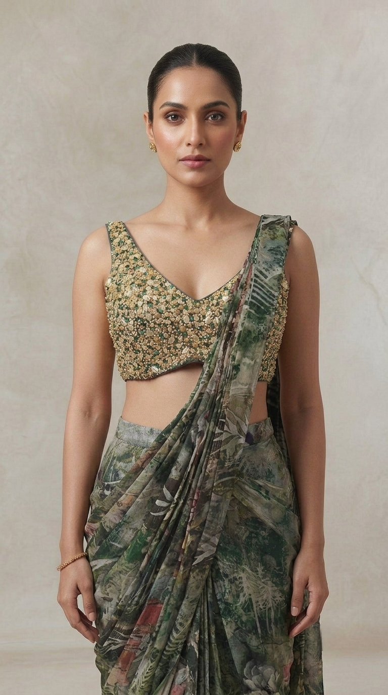 Mehendi green floral print pre-draped saree with detailed blouse