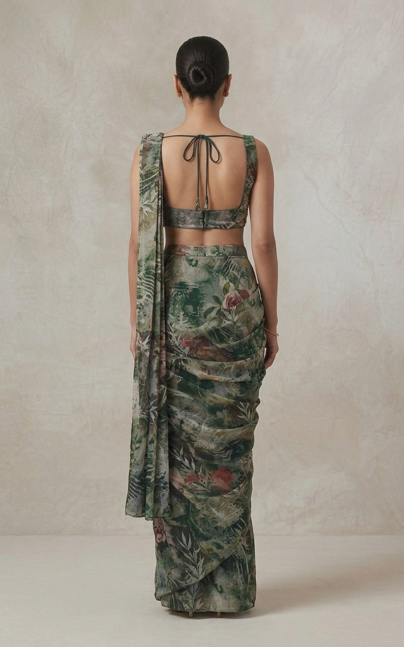 Mehendi green floral crepe saree set with pre-draped silhouette and embellished blouse