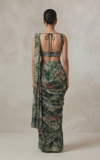 Mehendi green floral crepe saree set with pre-draped silhouette and embellished blouse