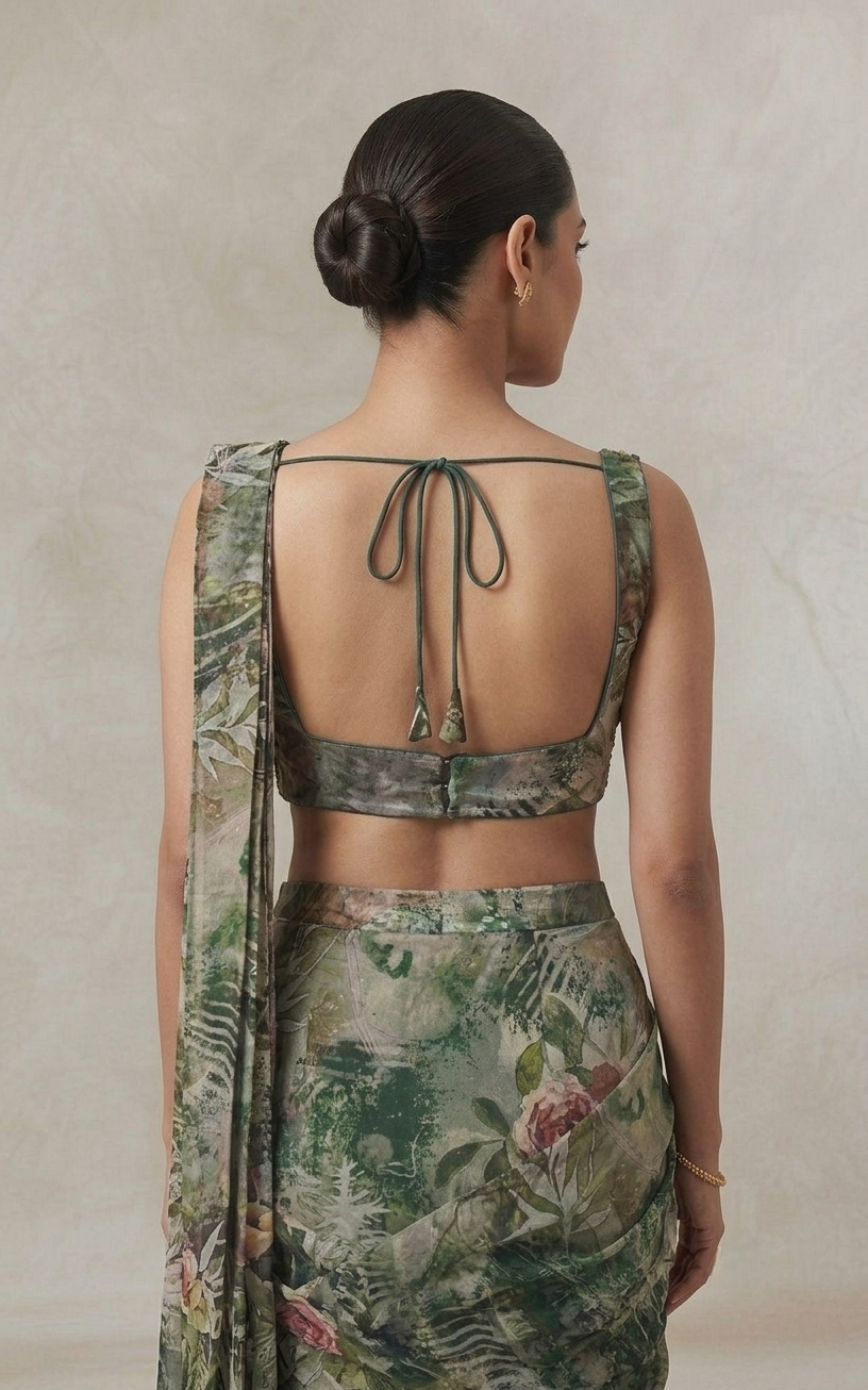 Floral printed mehendi green pre-draped saree with blouse for wedding occasions