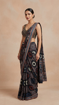 Black Ajrakh printed pre-draped saree with sequin and bead work