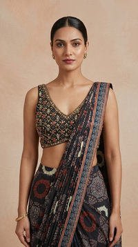Black ready-to-wear Ajrakh print saree with detailed embellished blouse