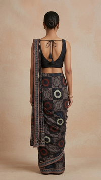 Black crepe Ajrakh print saree with pre-draped silhouette and sequin work