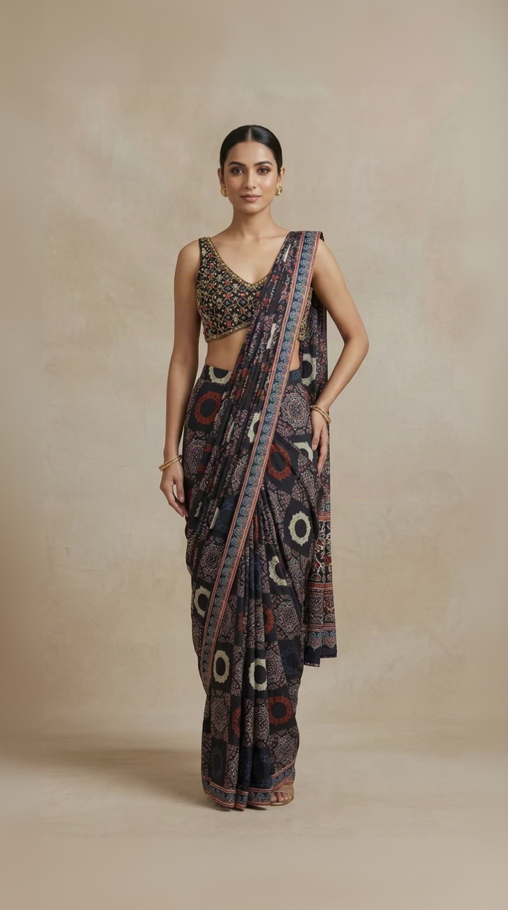 Black Ajrakh print crepe ready-to-wear saree with embellished blouse