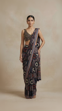Black Ajrakh print crepe ready-to-wear saree with embellished blouse