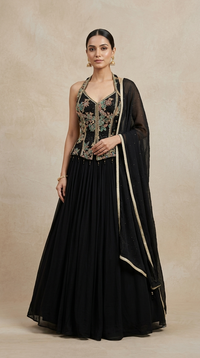 Designer black lehenga choli with vibrant multicolour embroidery for bridesmaid party wear