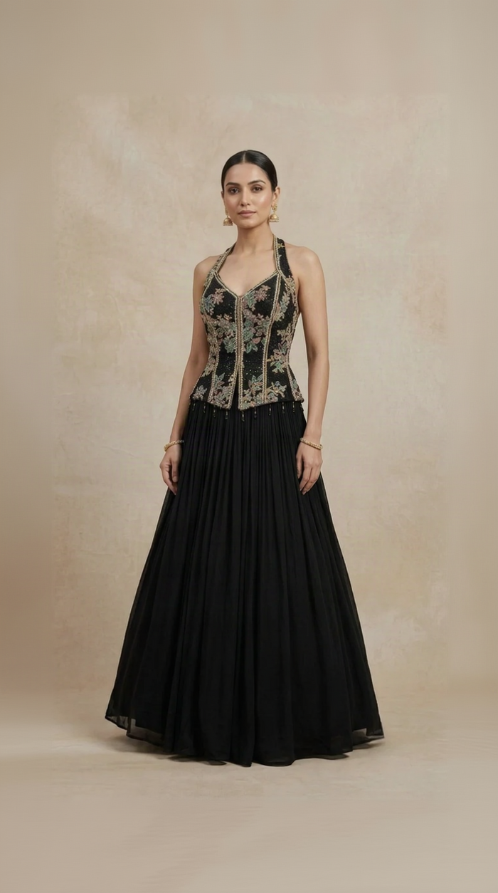 Black bridesmaid lehenga choli with multicolour embroidery for sangeet and wedding celebrations